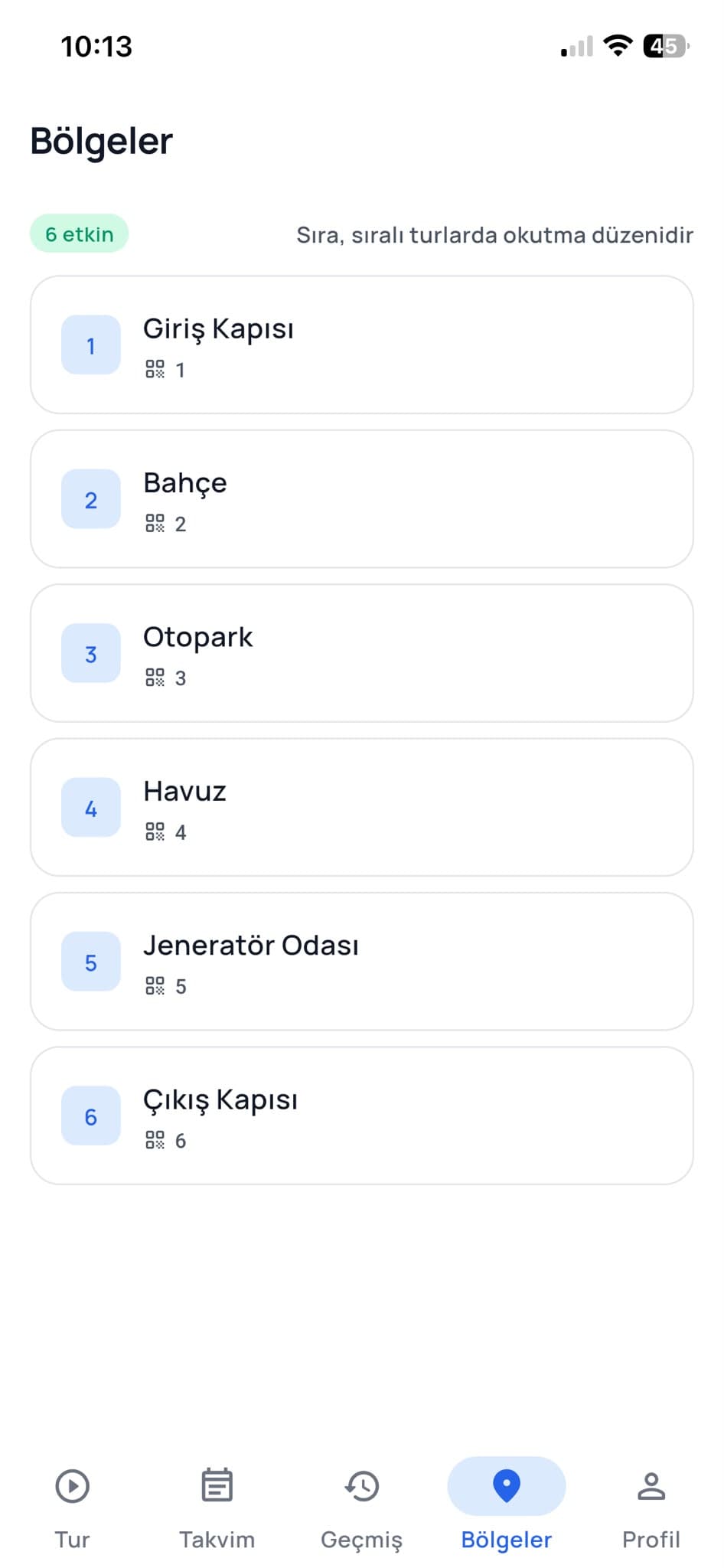 Devriye noktaları — giriş kapısı, bahçe, otopark, havuz, jeneratör odası, çıkış kapısı. Her noktanın kendi QR numarası ve sıralı turdaki yeri vardır.