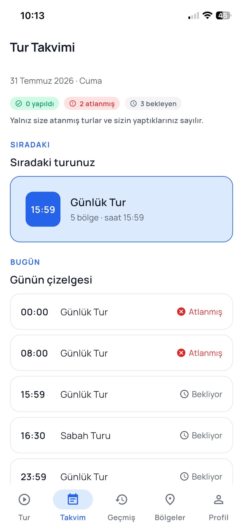 Günün çizelgesi: sıradaki tur saati, yapılanlar ve atlananlar. Bekçi hangi turun ne zaman beklendiğini sormak zorunda kalmaz.