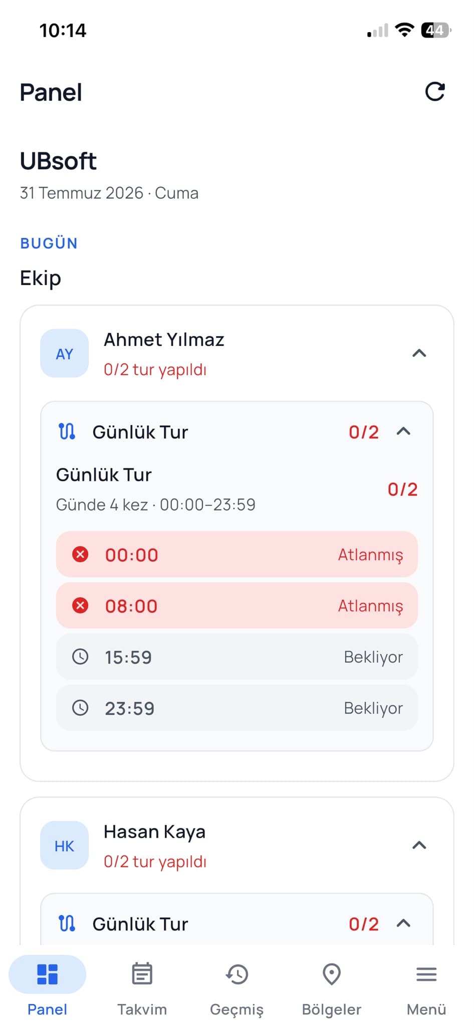 Panel bugüne odaklanır: hangi personel kaç turunu yapmış, hangi saat atlanmış. Sahayı aramadan, tek ekrandan görürsünüz.