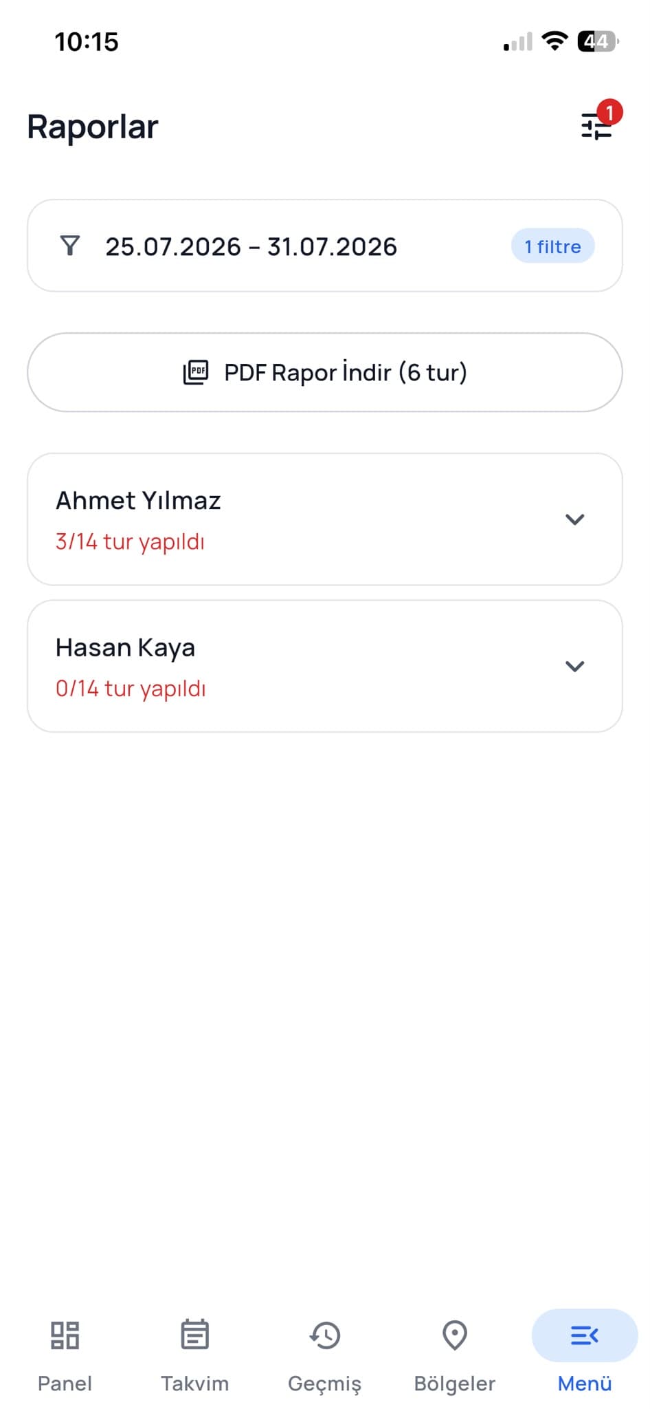 Rapor için tarih aralığını seçersiniz. Aralıktaki personel ve tur sayısı hemen görünür; PDF indirme düğmesi listenin üstünde durur.