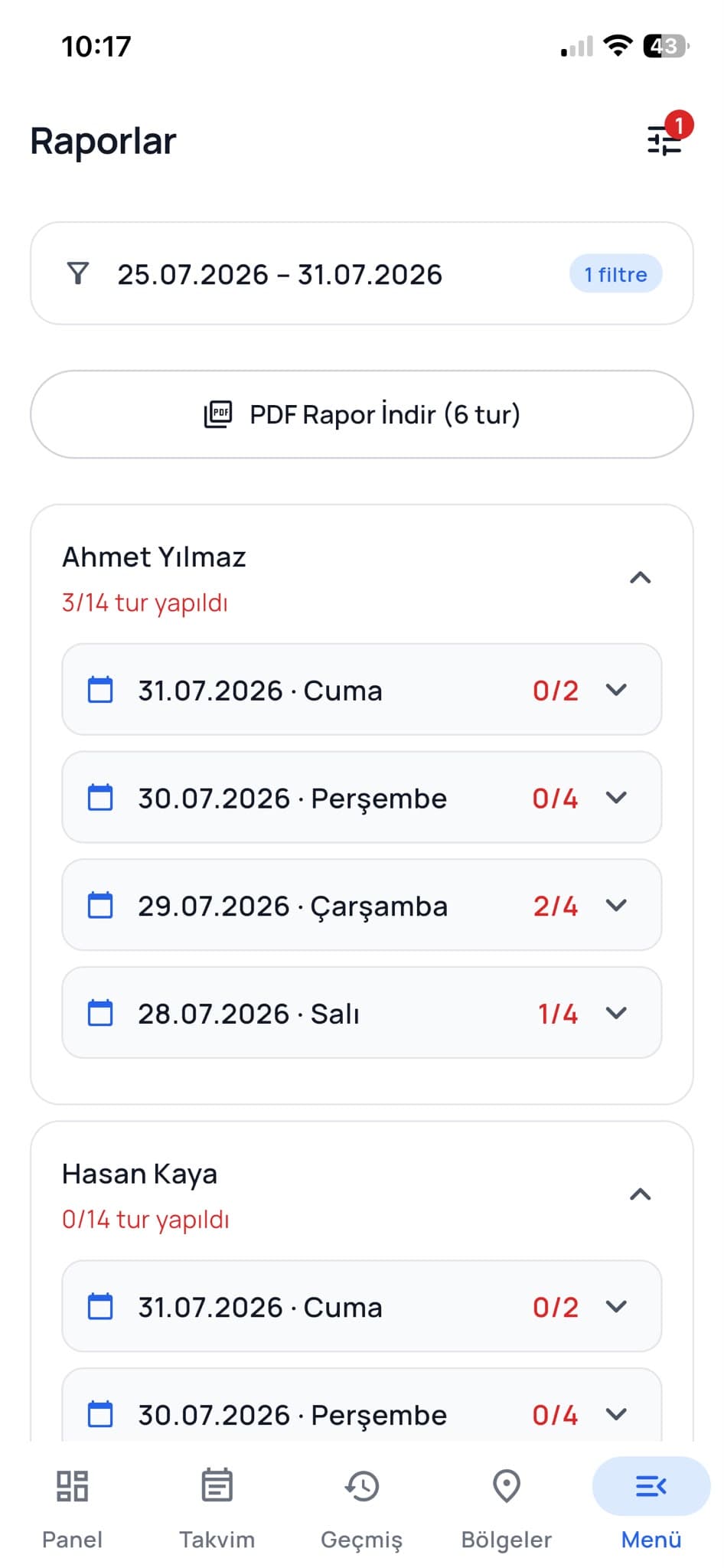 Bir kişiye dokununca günleri açılır: hangi gün kaç tur beklenmiş, kaçı yapılmış. Cevabı aramak yerine üç dokunuşta bulursunuz.